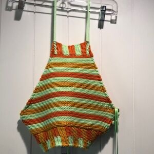 NWT Urban Outfitters crochet halter top open back adjustable tie mint and orange